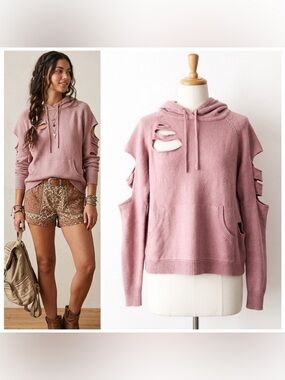 LOLA x LF Shredded Deconstructed Upcycled Knit Hoodie Sweater Dusty Rose Small
